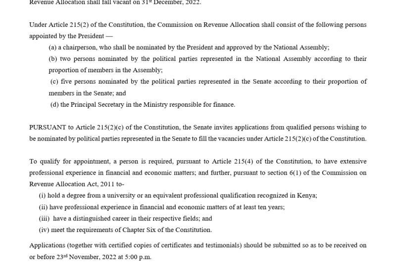 INVITATION FOR APPLICATIONS FOR NOMINATION TO THE MEMBERSHIP OF THE COMMISSION ON REVENUE ALLOCATION