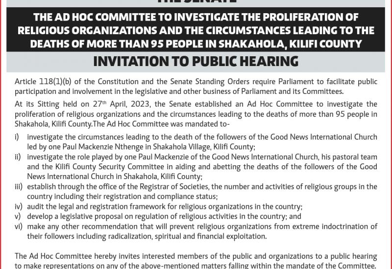 SHAKAHOLA COMMITTEE INVITES FOR PUBLIC HEARINGS - MONDAY   