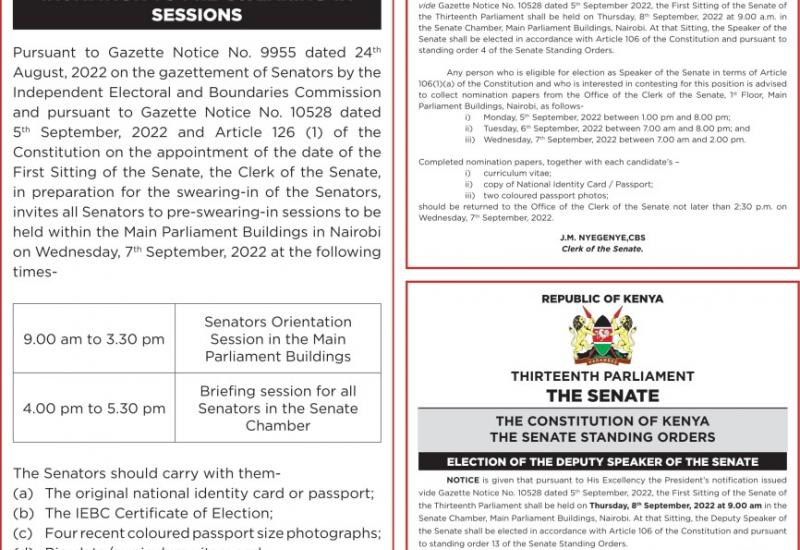 NOTICE OF THE SENATE PRE-SWEARING, ELECTION OF SPEAKER AND DEPUTY SPEAKER