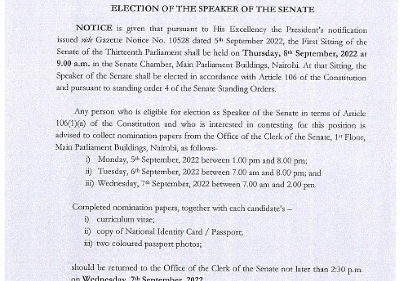 NOTICE: ELECTION OF THE SPEAKER SENATE