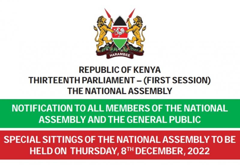 SPECIAL SITTINGS OF THE NATIONAL ASSEMBLY TO BE HELD ON THURSDAY, 8TH DECEMBER, 2022 