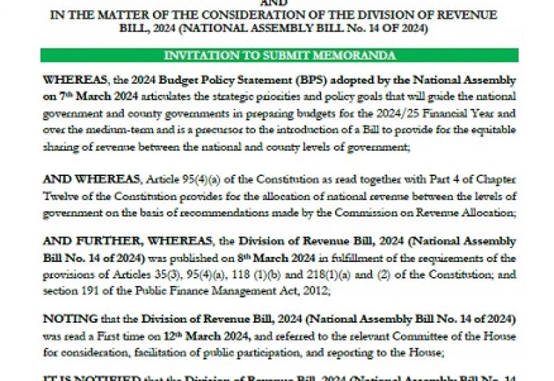 INVITATION TO SUBMIT MEMORANDA IN THE MATTER OF THE CONSIDERATION OF THE DIVISION OF REVENUE BILL, 2024 (NATIONAL ASSEMBLY BILL No. 14 OF 2024)