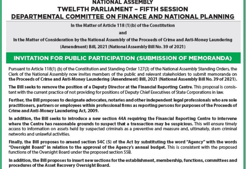SUBMISSION FOR MEMORANDA ON PROCEEDS OF CRIME AND ANTI-MONEY LAUNDERING (AMENDMENT) BILL, 2021