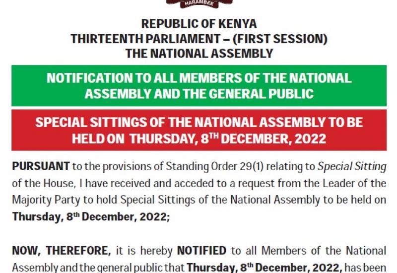 NOTIFICATION TO ALL MEMBERS OF THE NATIONAL ASSEMBLY AND THE GENERAL PUBLIC 
