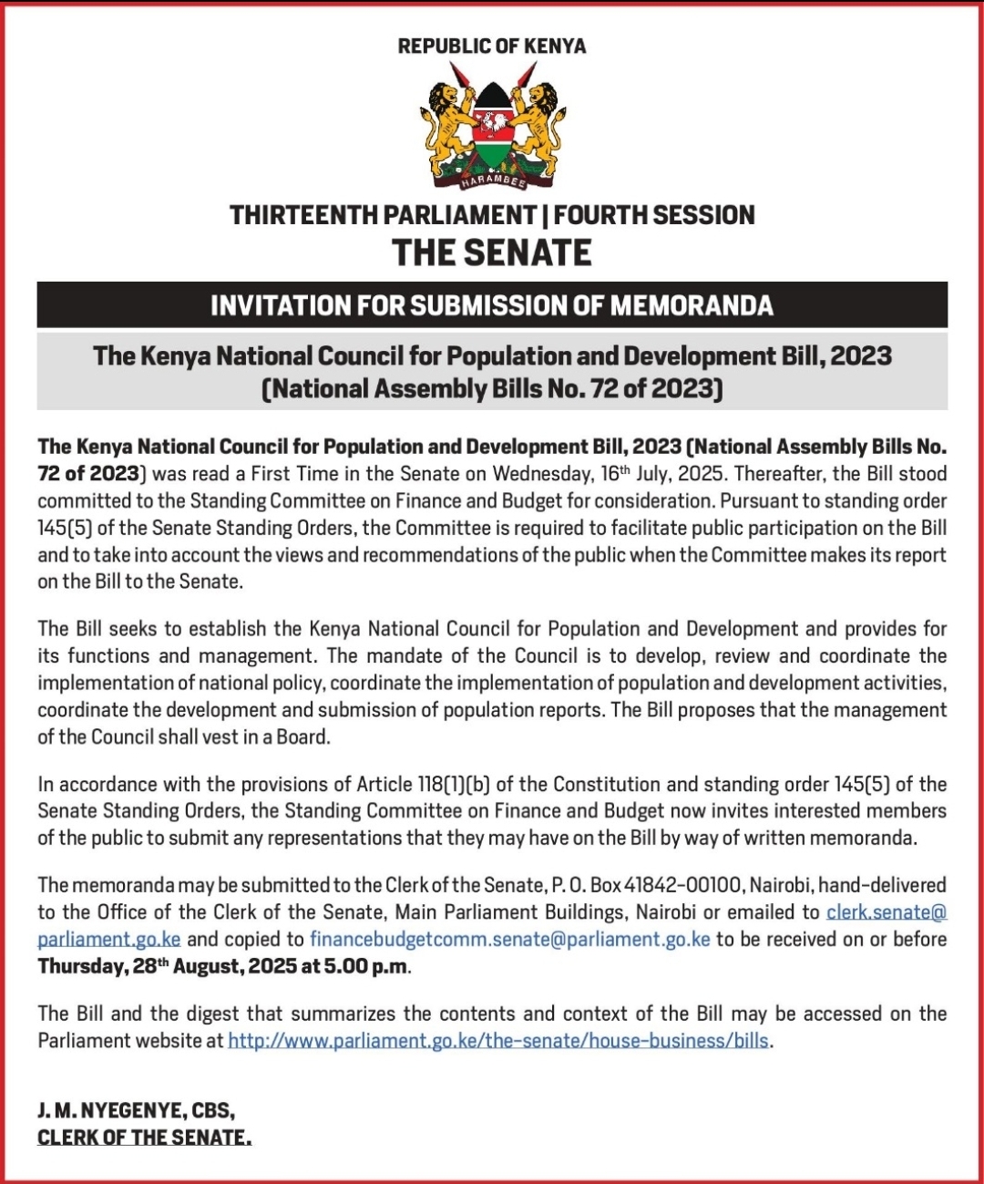 INVITATION FOR SUBMISSION OF MEMORANDA 