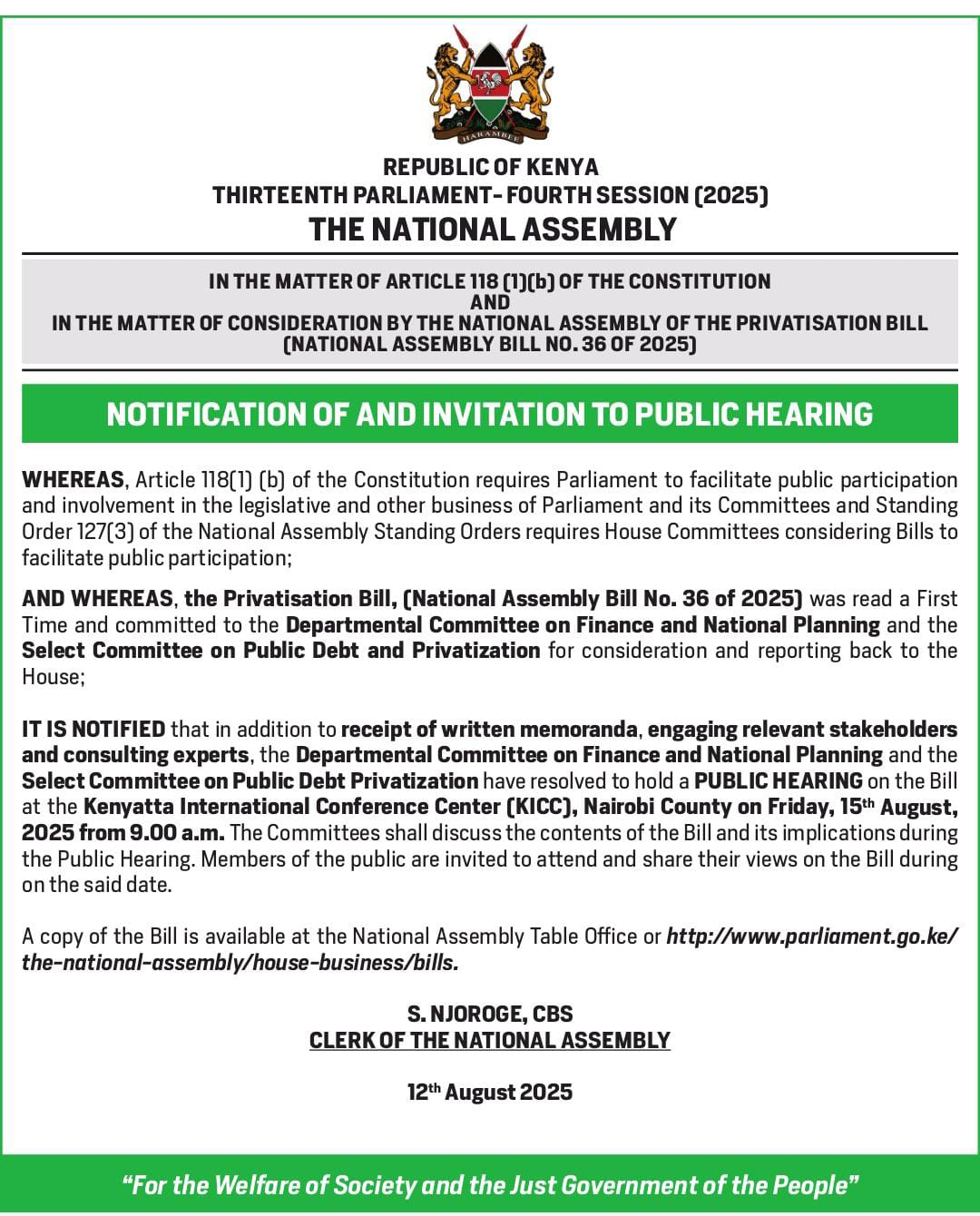 notification of invitation of public hearings 