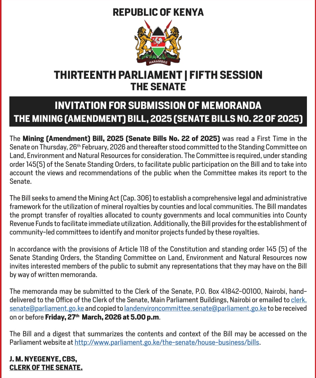 INVITATION FOR SUBMISSION OF MEMORANDA: THE MINING ( AMENDMENT) BILL 2025 ( SENATE BILLS NO 22 OF 2025)