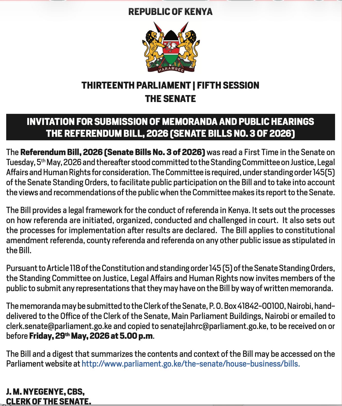 INVITATION FOR SUBMISSION OF MEMORANDA 