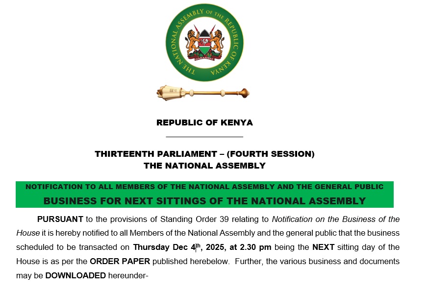 NOTIFICATION TO ALL MEMBERS OF THE NATIONAL ASSEMBLY AND THE GENERAL PUBLIC 