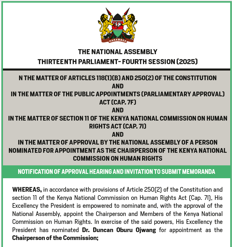 NOTIFICATION OF APPROVAL HEARING AND INVITATION TO SUBMIT MEMORANDA