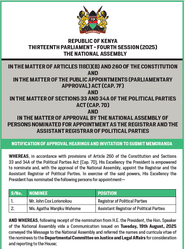 NOTIFICATION OF APPROVAL HEARINGS AND INVITATION TO SUBMIT MEMORANDA