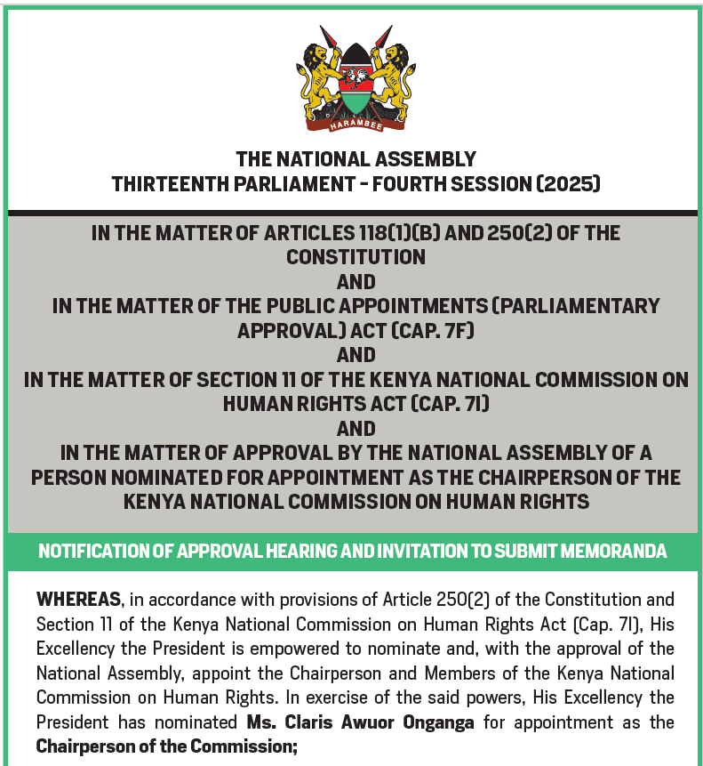 NOTIFICATION OF APPROVAL HEARING AND INVITATION TO SUBMIT MEMORANDA