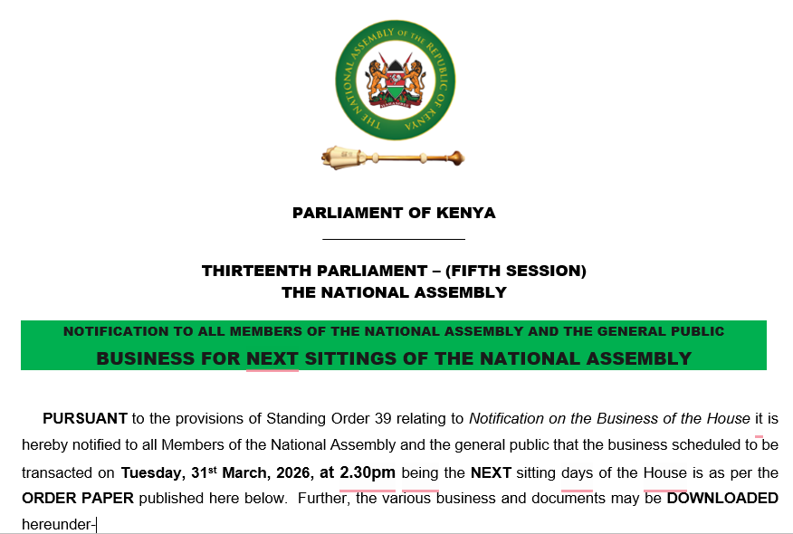 NOTIFICATION TO ALL MEMBERS OF THE NATIONAL ASSEMBLY AND THE GENERAL PUBLIC 