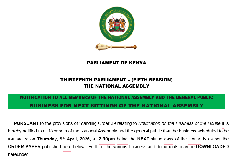 NOTIFICATION TO ALL MEMBERS OF THE NATIONAL ASSEMBLY AND THE GENERAL PUBLIC 