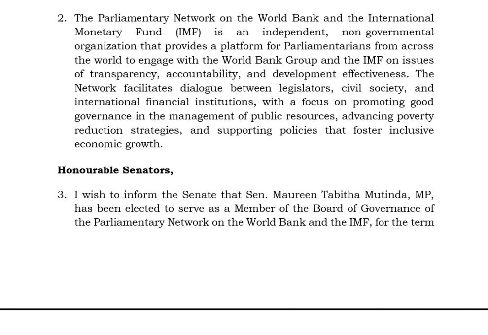 Communication - Election of Senator Mutinda as a Member of the Board of the Parliamentary Network