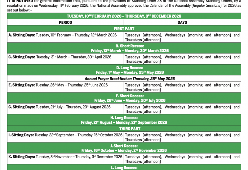 Calendar of the National Assembly for the Fifth Session (2026)