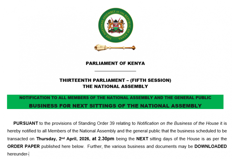 NOTIFICATION TO ALL MEMBERS OF THE NATIONAL ASSEMBLY AND THE GENERAL PUBLIC 