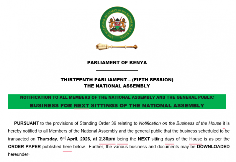 NOTIFICATION TO ALL MEMBERS OF THE NATIONAL ASSEMBLY AND THE GENERAL PUBLIC 