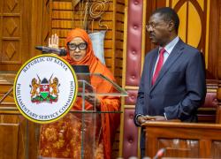 Hon. Fatuma Ibrahim Ali taking the oath of office as the new female non-Member Commissioner.